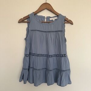 Ann Taylor LOFT Crochet Babydoll Blue Tiered Lace Sleeveless Blouse Petite XXSP